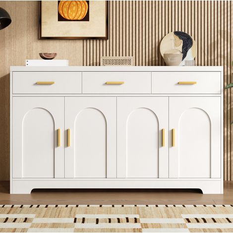 FLORAGRACE Buffet de rangement 140 x 40 x 83 cm en MDF blanc 4 portes arquées, 3 tiroirs, étagères réglables (1/5)