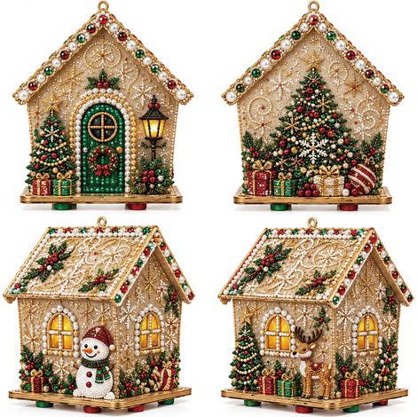 Ensemble de quatre pièces DIY Pearl Art Christmas : Petites décorations exquises, au design unique et varié, pour une scène de Noël enneigée et une cabane dans les arbres festives. (1/5)