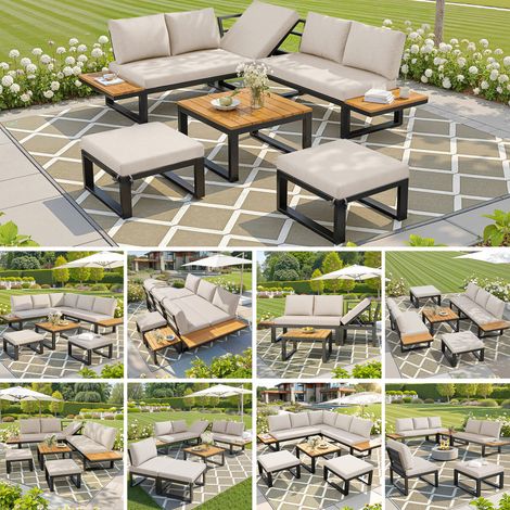 Ensemble de salon de jardin 6 pièces avec dossier réglable, canapé d'angle avec table basse et tabourets, structure en acier résistant aux intempéries, coussins d'assise gris/beige, salon d'extérieur (1/5)