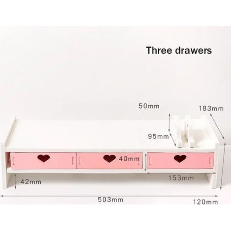 Support de stockage Bureau de stockage Matériel informatique Fournitures de papeterie Moniteur de bureau mignon Augmenter Rack Accessoires de bureau Rose trois tiroirs (1/5)