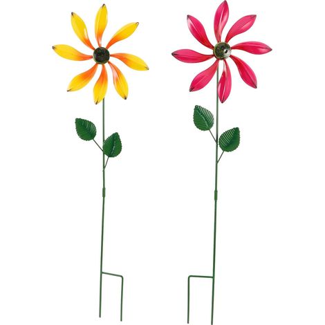 Lot de 2 Moulins à Vent en Métal Forme Fleur Jaune et Rouge Décoration Jardin Extérieur Piquets Résistants aux Intempéries pour Pelouse Terrasse et Allée Ornement de Jardin (1/5)