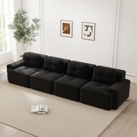 Canapé modulable 4 places, nuage moelleux et profond, velours côtelé noir, sans structure ni montage, antidérapant pour salon, assise confortable et rembourrée. (1/5)