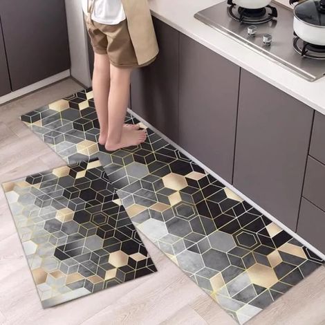 2 Pièces Tapis de Cuisine Gris Or - Motifs Géométriques Tapis de Sol - Antidérapant Lavable Rectangulaire Tapis D'entrée (1/3)