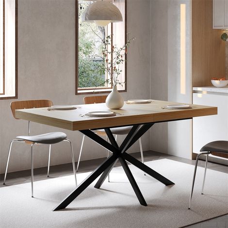 Table à Manger Extensible Rétro - 140-180x80x76 cm - Table Rectangulaire avec Rangement Caché et Pied en X - Naturel (1/5)
