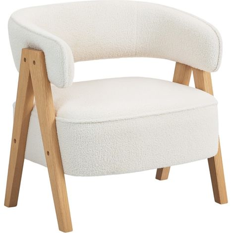 Fauteuil rembourré blanc en fleece avec accoudoirs, pieds en bois et structure métallique (1/5)