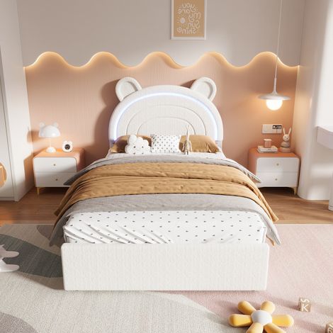 Lit enfant 90 x 200 cm, cadre de lit avec rangement, 4 tiroirs, éclairage LED, tête de lit rembourrée, 1 place, velours, beige (1/5)