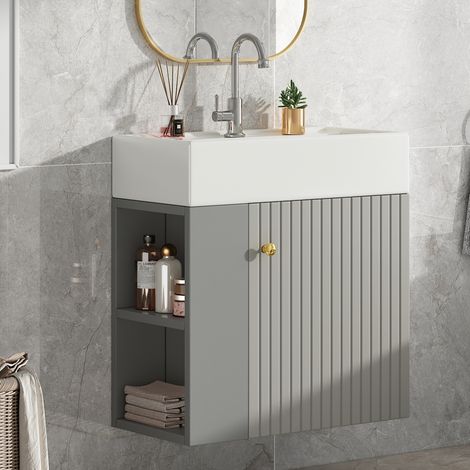 Meuble sous-lavabo, Langeur 55 cm, Meuble de salle de bain avec vasque suspendu avec portes et 2 Étagères, gris clair (1/5)