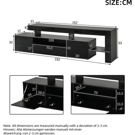 Meuble TV noir laqué brillant 192x37x53 cm, table basse avec rangement, support téléviseur 85 pouces, meuble 3 tiroirs, console TV LED intégrée, étagère multimédia, armoire TV moderne. (1/5)