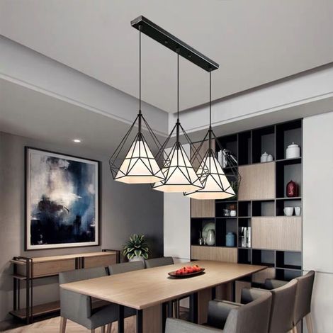 – Suspension luminaire industrielle rétro 3 têtes – Abat-jour métal noir – Dimensions 25x25cm – Douille E27 – Longueur câble 100cm réglable (1/5)