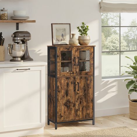 Buffet de Cuisine, Armoire de Rangement avec Étagères Réglables, pour Salon, Cadre en Acier, Marron et Noir