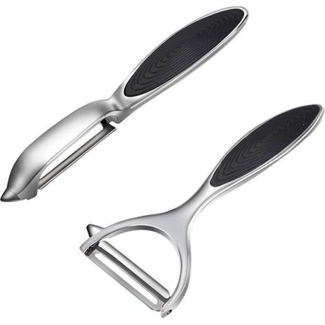 Set di 2 coltelli pelapatate rotanti a Y e a I in acciaio inossidabile di alta qualità con lama affilata e manico antiscivolo, ideali per pomodori, carote e frutta. (1/5)