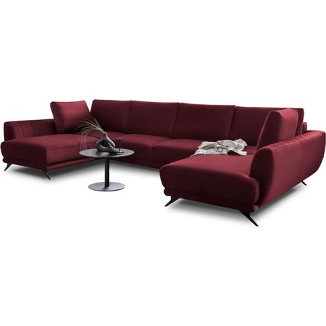 Canapé panoramique convertible LARGOS - Velours irrésistiblement douillet-Rouge cerise (1/5)