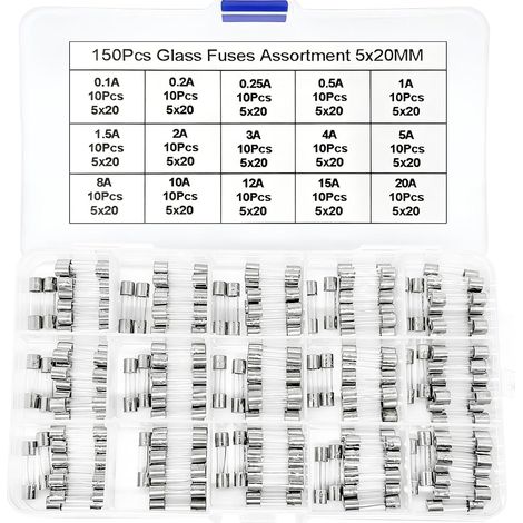 150 Pièces 15 Valeurs Assortiment de Fusibles en Verre avec Raccord Rapide, 5x20mm Fusibles à Fusion 250V 0,1 0,2 0,25 0,5 1 1,5 2 3 4 5 8 10 12 15 20A Kit de Fusible à Tube de Verre en Boîte (1/5)