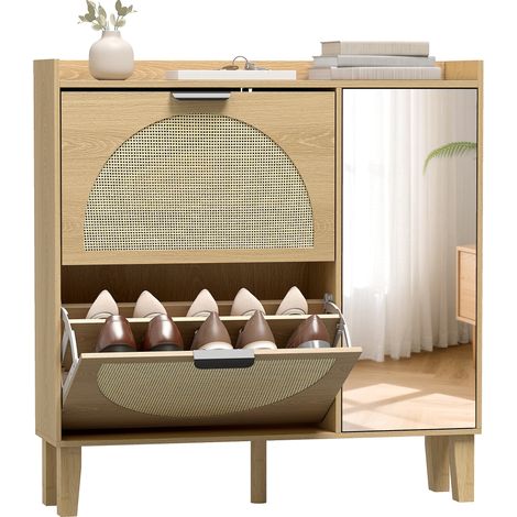 Meuble à chaussures - HOMCOM - 10 paires - porte miroir, 2 tiroirs rabattables et étagères réglables - bois - 94,5x24x96,5cm - chêne (1/5)