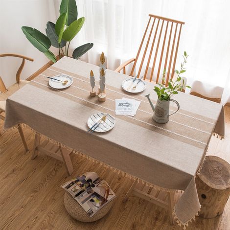 Nappe de Table rectangulaire en Coton et Lin Solide Broderie À Gland Coton Couverture De Table en Linge pour Cuisine Salle À Manger Décoration de Table(140x220 cm, Brun Clair)