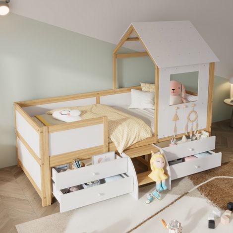 Lit enfant, lit mezzanine, lit cabane avec toit et fenêtre, barrière sur les quatre côtés, avec 4 tiroirs et petit escalier, pin + MDF + contreplaqué, blanc + naturel, 90 x 200 cm (1/5)