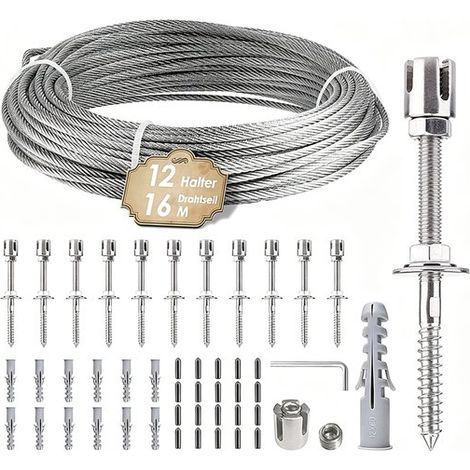 Filo rampicante per piante, cavo per traliccio da esterno 16 metri + 12 morsetti trasversali, acciaio inox per muri in mattoni, recinzioni, legno - Argento (1/5)