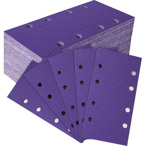 50 Pièces Feuilles Abrasives Céramique 93x185mm, Grain 120 Papier a Poncer 8 Trous Rectangulaire Papier de Verre pour Ponceuse Orbitales Ponçage Bois Métal Peinture Enlever La Rouille (1/5)