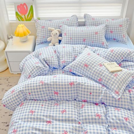 Bettwäsche Set 135x200 cm Blau Kariert mit Rosa Herzen und Schleifen, Mikrofaser, OEKO-TEX