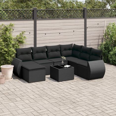 8-tlg. Garten-Sofagarnitur mit Kissen Schwarz Poly Rattan (1/3)