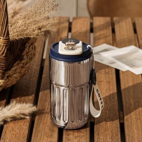 (Weiß-Rot, Weiß-Kaffee, Weiß-Blau, Silber-Kaffee) Silber-Blau – Intelligenter Kaffee-Thermosbecher mit Temperaturanzeige, Edelstahlbecher (1/4)