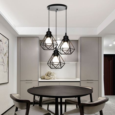 Rétro Vintage Suspension Lustre Industrielle Cage en Métal Fer Luminaire en Barre 3 Lumières Noir (1/5)