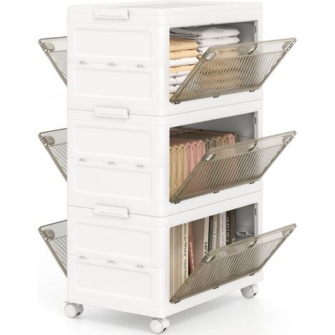 COSTWAY 3-Tier Stackable Storage Bins Bedroom Collapsible Storage Boxes-White (1/5)