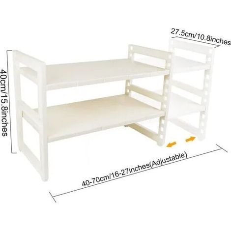 Organizer Sous Evier - 2 Niveaux Réglables - Acier Inoxydable Et PP - Hauteur Ajustable 13 Trous - Longueur Extensible 40 À 70 Cm - 40 X 27,5 X (40-70) Cm (1/4)