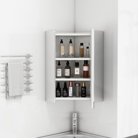 Armario de espejo de esquina para baño con 3 caras - 32.5 x 32.5 x 55.6 cm - mueble organizador de pared ahorrador de espacio premontado - mdf y cristal - blanco (1/5)