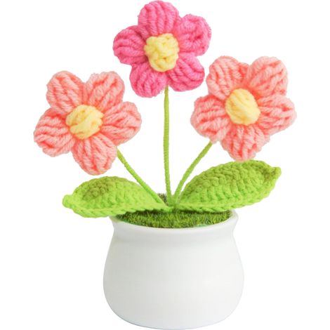Fleur artificielle en pot - Tricotée à la main - Rose pompon - Décoration intérieure artisanale (1/5)