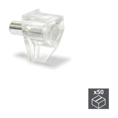 Emuca Soporte para estante de madera, con pivote D. 5 mm, Acero y plástico, Transparente, 50 ud. - (1/3)