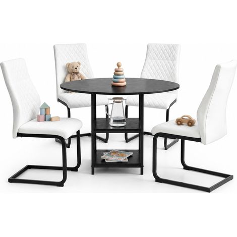 ELVMI Conjunto de Mesa y Sillas con 1 Mesa Redonda y 4 Sillas Acolchadas, MDF, Metal y PU, Negro y Blanco (1/5)