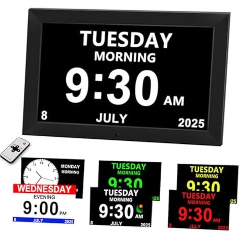 Réveil numérique pour seniors - Affichage HD sans abréviation, date, cadre photo avec gradation automatique, bruit blanc, réglage DST, pour personnes âgées (10 pouces noir) (1/5)
