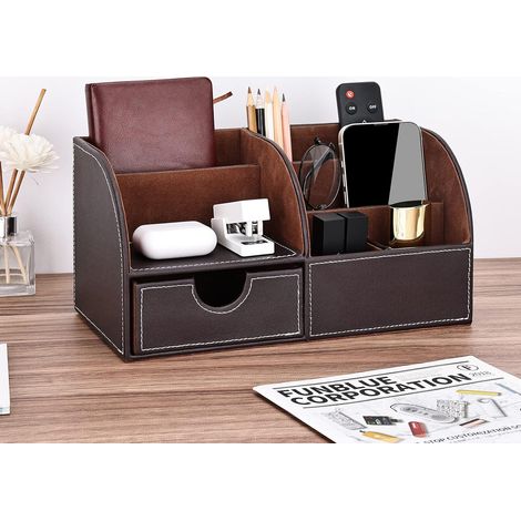 Organiseur de bureau - Porte-stylos - MDF recouvert de cuir PU avec 7 compartiments et tiroirs coulissants - 1 pièce - Idéal pour la maison, le bureau et les étudiants - Blanc (1/5)