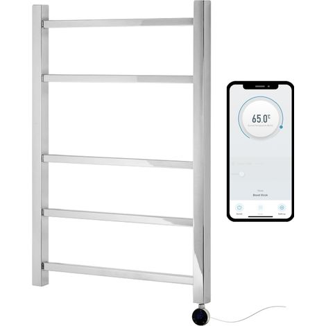 Electric Cumbria Heated Towel Rail Smart WiFi Controlled 600mm W x 705mm H Stainless Steel Square Tube 7 Day Programmable Timer App Compatibility