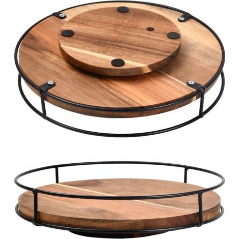 1 Plateau Tournant, Bois, Rotation 360°, Bord Métal, Antidérapant, Cuisine Salle De Bain