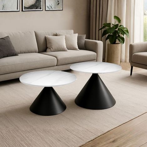 Set 2 tavolini da salotto basso Punto con piano effetto marmo bianco e gambe in metallo nero (1/4)