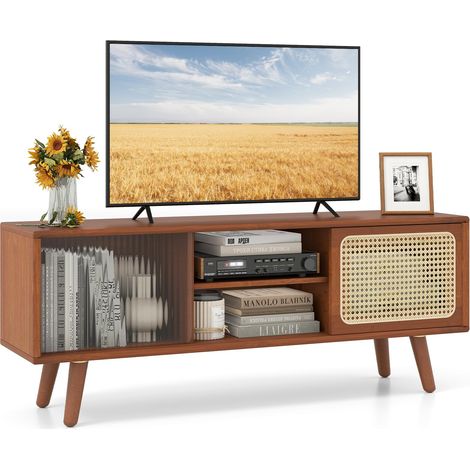 COSTWAY Mobile TV per TV Fino a 55", Mobile Porta TV Salloto, Mobiletto Soggiorno con 2 Ante Scorrevoli, Tavolo Consolle con Gambe in Legno Gamba, 120,5 x 31 x 45,5 cm (Marrone) (1/5)