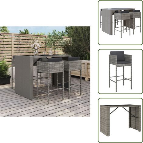 Ensemble de bar de jardin 5 pcs avec coussins gris poly rotin - Salon De Jardin - Mobilier De Jardin - Set De Bar Extérieur - Table De Bar - Chaises De Bar (1/5)