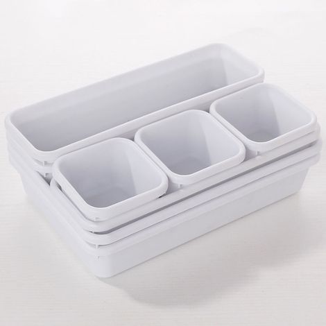 Lot de 8 boîtes de rangement à tiroirs en plastique blanc, idéales pour ranger les couverts et autres accessoires de table. (1/5)