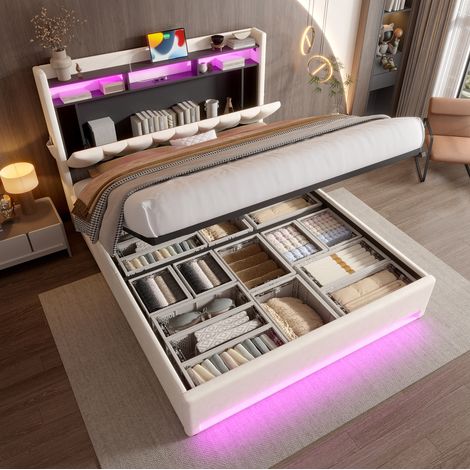 Lit coffre 160x200 cm avec LED, ports USB et Type-C, rangement en tête de lit, en velours beige, sans matelas (1/5)