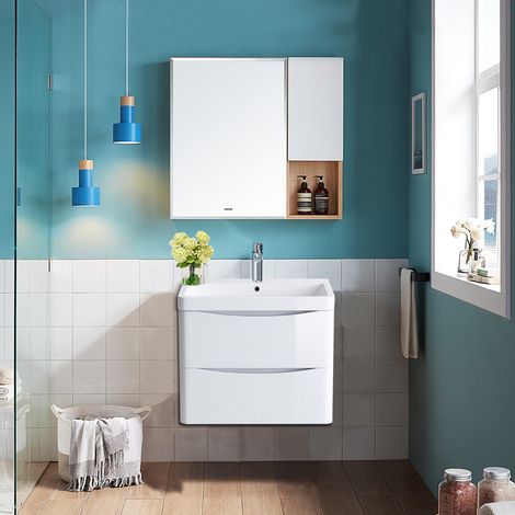 Wall Hung 2 Drawer Vanity Unit Basin Bathroom 600mm Gloss White