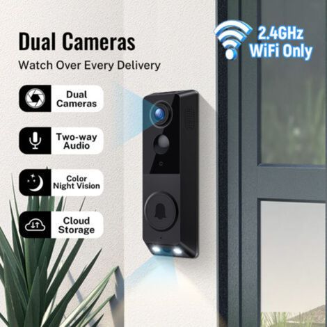 Caméra de sonnette vidéo à double objectif, sonnette sans fil extérieure étanche, convertisseur vocal, audio bidirectionnel, WIFI 2,4G, noir, convient pour la maison et l'hôtel