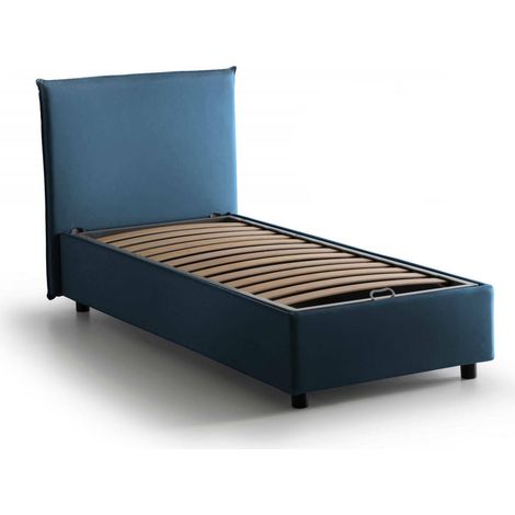 Talamo Italia Letto singolo Cassiopea, Letto contenitore con rivestimento in tessuto, 100% Made in Italy, Apertura frontale, adatto per materasso Cm 80x200, Blu, con imballo rinforzato