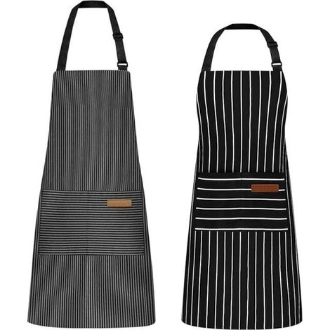 Ensemble de deux tabliers de cuisine pour femmes, tablier de chef ajustable avec poches, adapté à la cuisine, au jardinage, aux repas et aux grillades, rayé (noir, marron). (1/5)