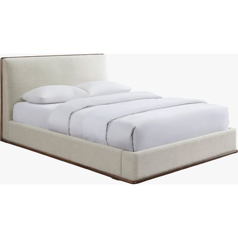 NORIA Lit double en tissu beige et bois foncé 140x190 cm (1/5)