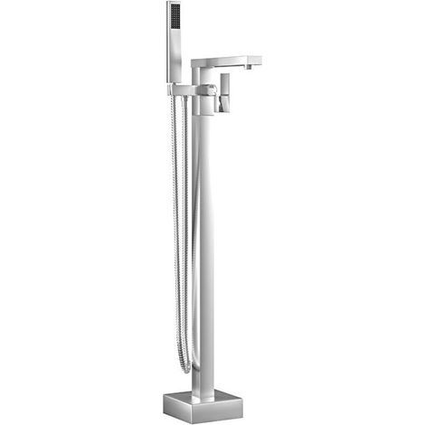 Freestanding Bathtub Faucet, Single Handle Square Waterfall Spout, Brass Bathroom Faucets, Floor Mounted Shower System with Hand Shower and Shower Hose Set, (1/5)