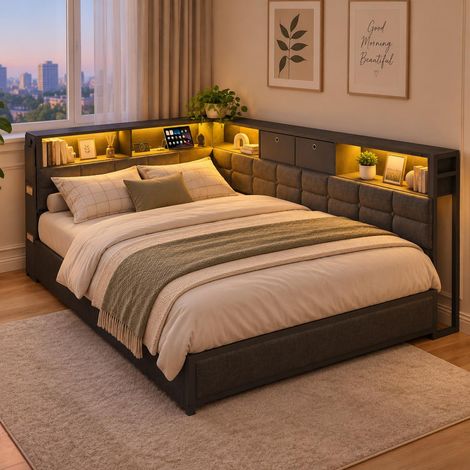 Letto matrimoniale 140x200 cm imbottito con 2 cassetti, Testiera con LED e ripiani portaoggetti, Ricarica USB+Tipo C, Testiera reversibile a L, in tessuto, Grigio (1/5)
