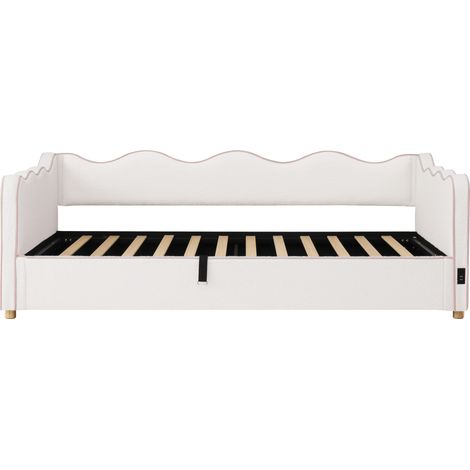 Cama de día tapizada 90x200 cm con arcón hidráulico, USB y respaldo bouclé beige (1/5)
