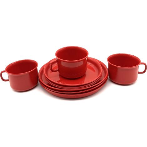 Service de table en plastique rouge avec 3 tasses, 3 assiettes de 14 cm et 18 cm d'assiettes de 18 cm chacune (1/2)